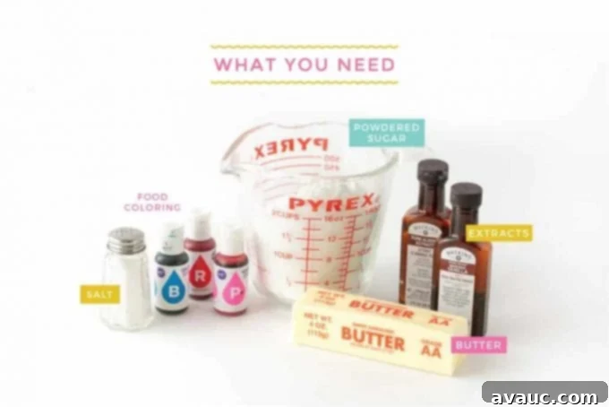 Ingredients for making sugar cookie buttercream, including butter, powdered sugar, and extracts