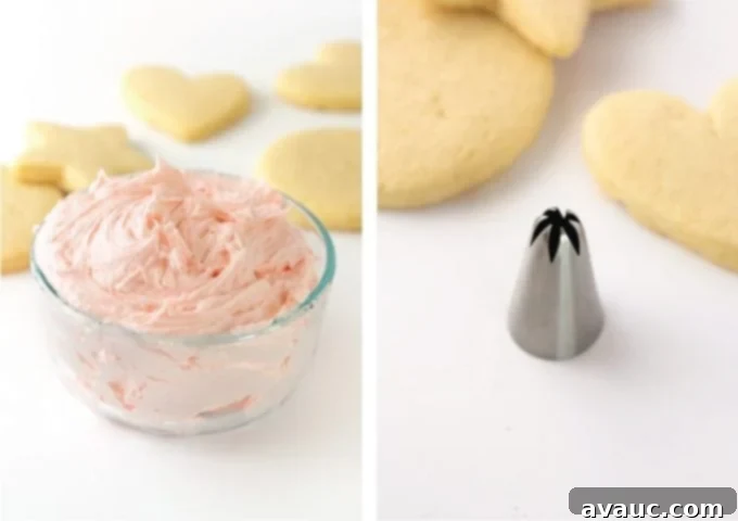 Bowl of pink sugar cookie buttercream with a metal star piping tip, ready for decorating
