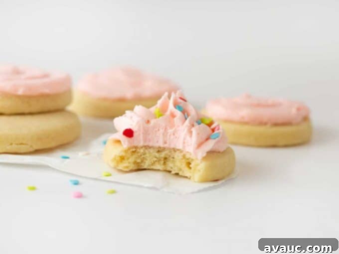Finished sugar cookie with pink buttercream and colorful sprinkles