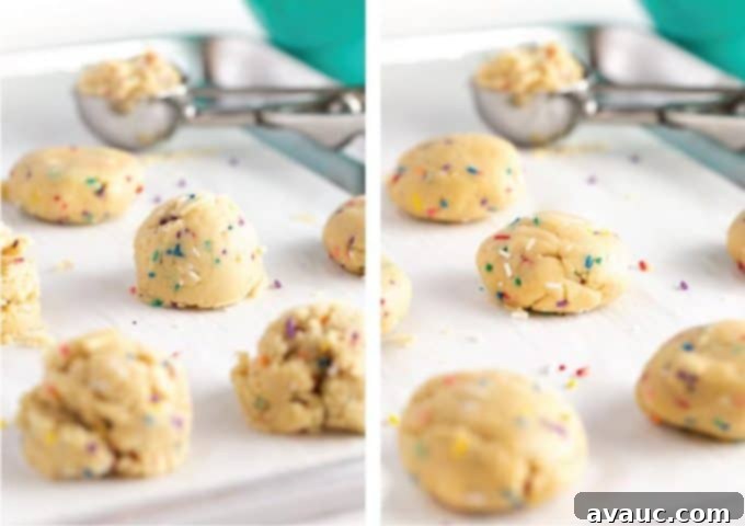 Scoop of sprinkle sugar cookie dough ready to be shaped