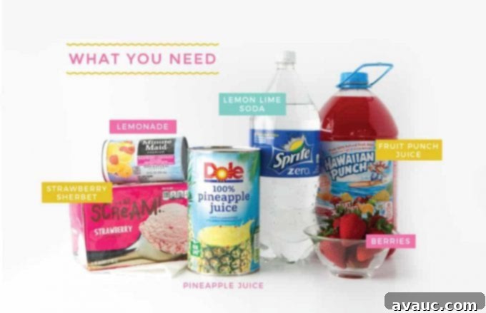 Collection of ingredients for Pink Strawberry Sherbet Punch, including pineapple juice, strawberry sherbet, frozen lemonade concentrate, lemon-lime soda, and Hawaiian Punch.
