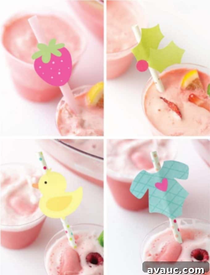 Assortment of printable straw toppers for various occasions including a strawberry, holly leaf, rubber duck, and baby onesie.