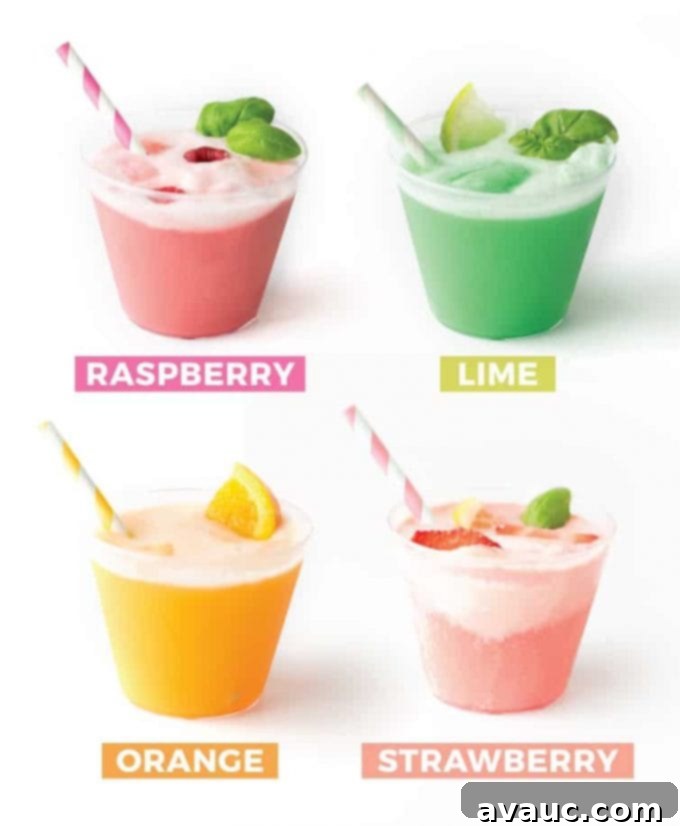 Collage showcasing various sherbet punch flavors, including raspberry, orange, lime, and strawberry, in individual cups.
