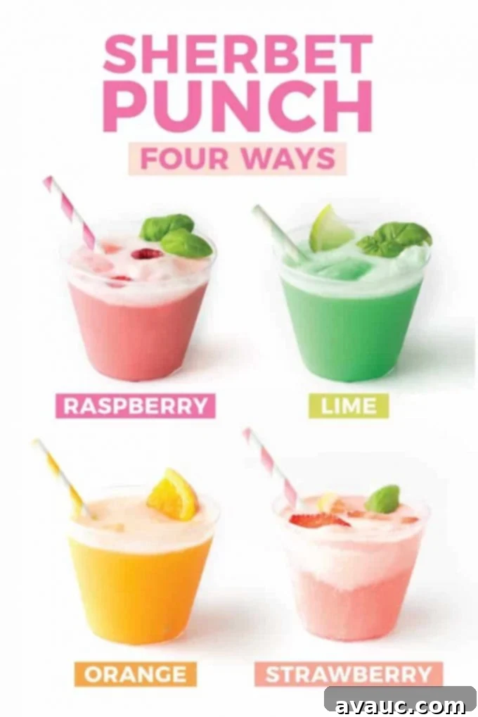 4 Different Sherbet Punch Recipes - Orange, Raspberry, Lime, Strawberry, garnished with fresh fruit slices