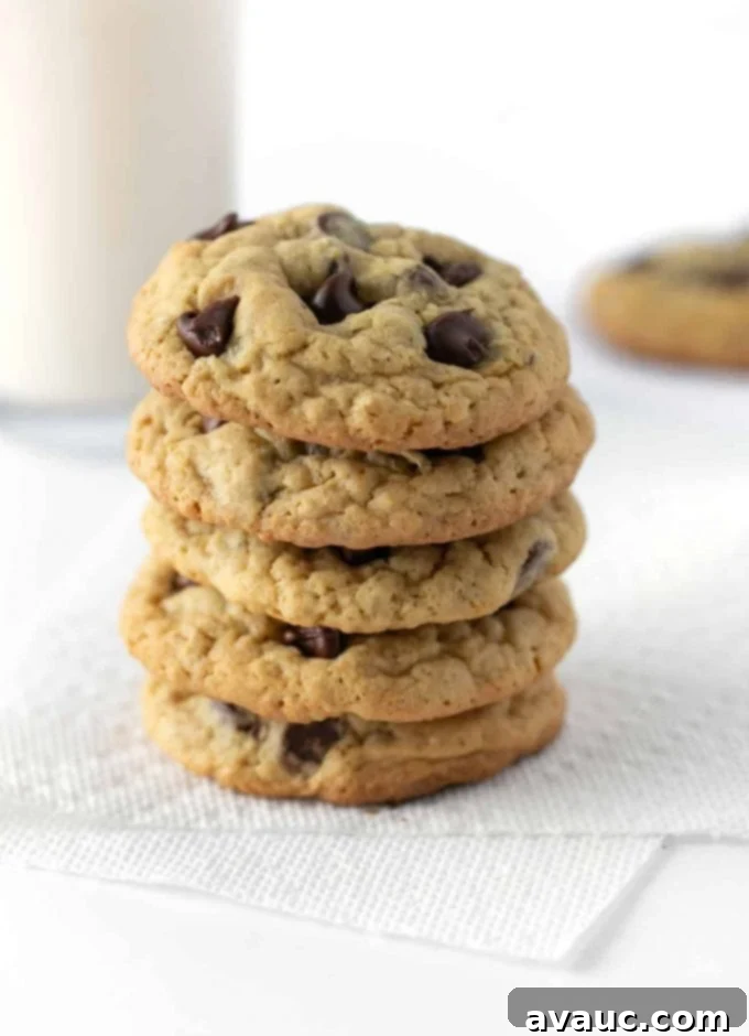Stack of chewy oatmeal chocolate chip cookies