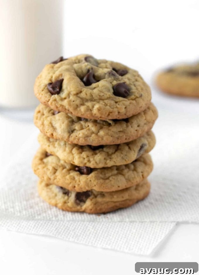 Stack of chewy oatmeal chocolate chip cookies