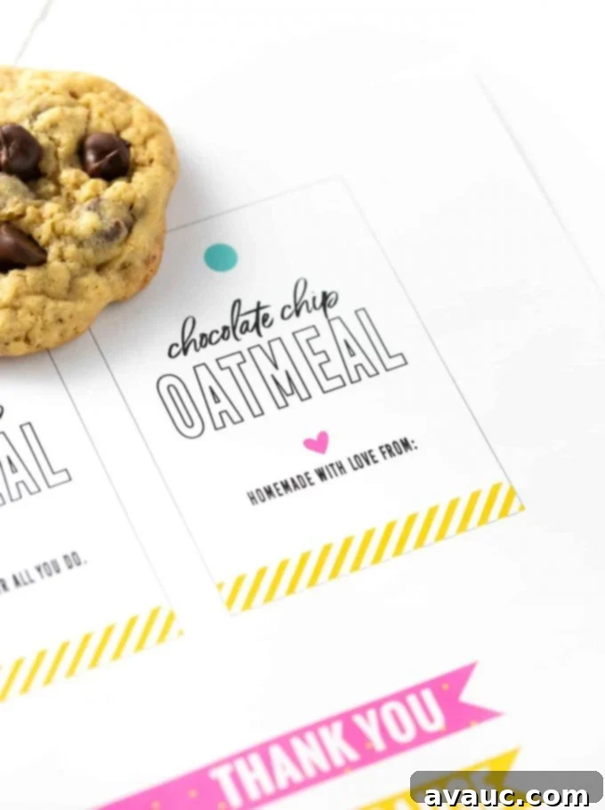 Charming Printable Cookie Gift Tags 5 Close-up of a chocolate chip oatmeal cookie with a personalized printable cookie gift tag