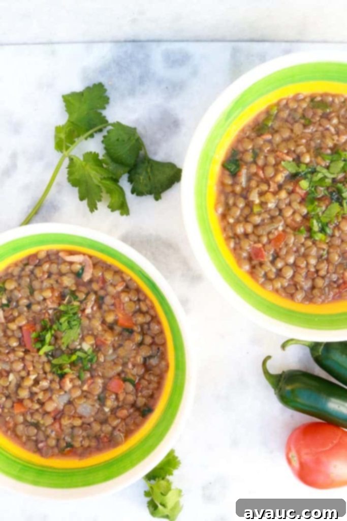 Two bowls of Mexican Lentil Soup garnished with fresh cilantro, sliced jalapeños, and diced tomatoes, ready to be served.