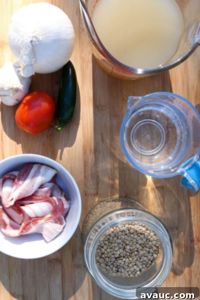 A selection of fresh ingredients for Mexican Lentil Soup laid out: bacon, water, dried brown lentils, chicken broth, diced onion, sliced jalapeño, minced garlic, and a ripe tomato.