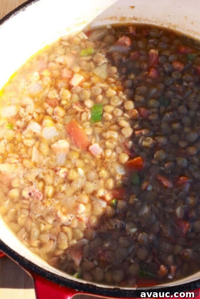 Mexican lentil soup simmering in a pot on the stovetop, with tender lentils and vegetables visible in the flavorful broth.