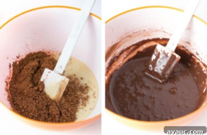 Stirring unsweetened cocoa powder with sweetened condensed milk and vanilla extract to create a smooth chocolate base for no-churn ice cream