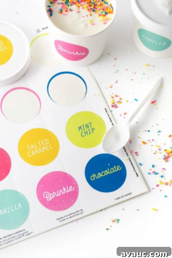 DIY Ice Cream Labels 4 Colorful printable ice cream labels on Avery sticker paper