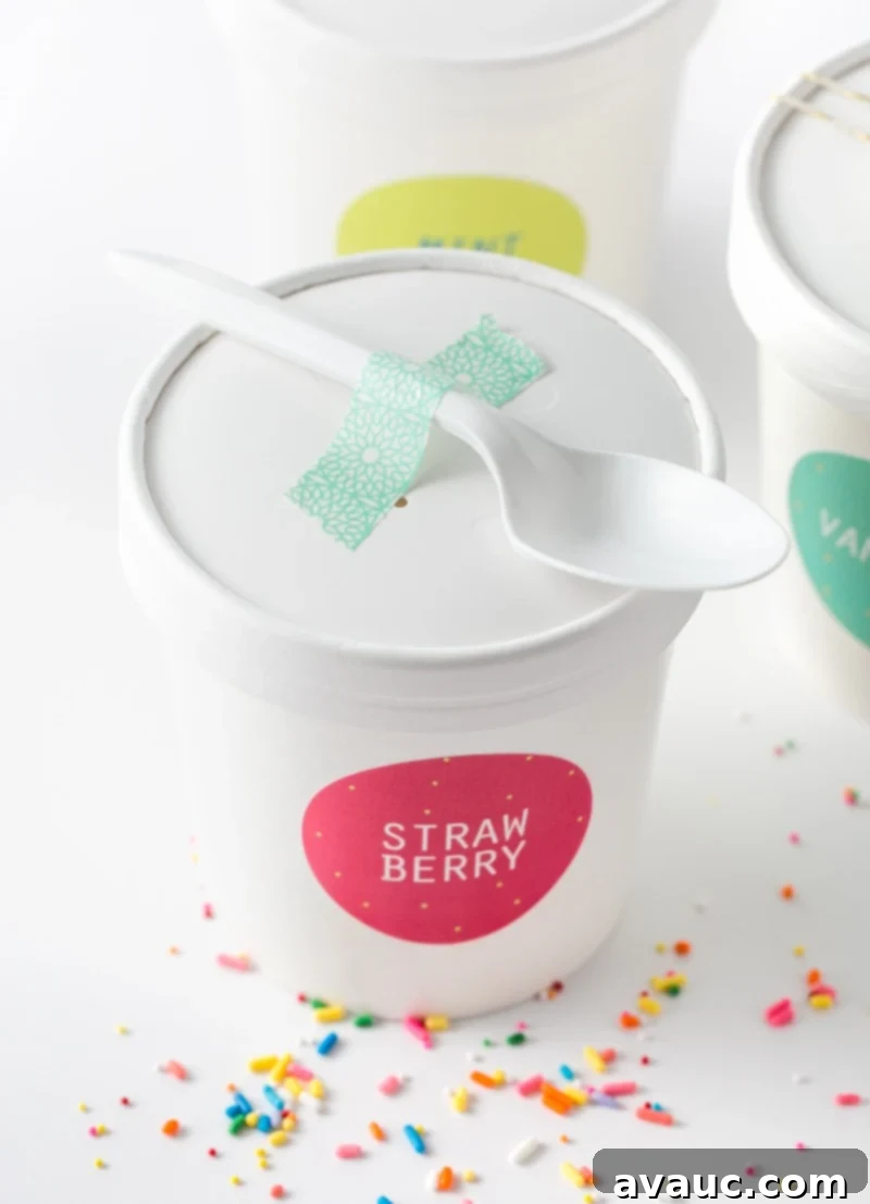Paper ice cream cup gift with printable label, twine, and spoon