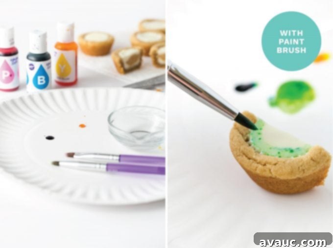 An image showing the process of painting watermelon cookie cups with vibrant green food coloring around the edges.