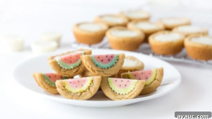 A delightful plate showcasing the finished watermelon cookie cups, arranged attractively for serving.