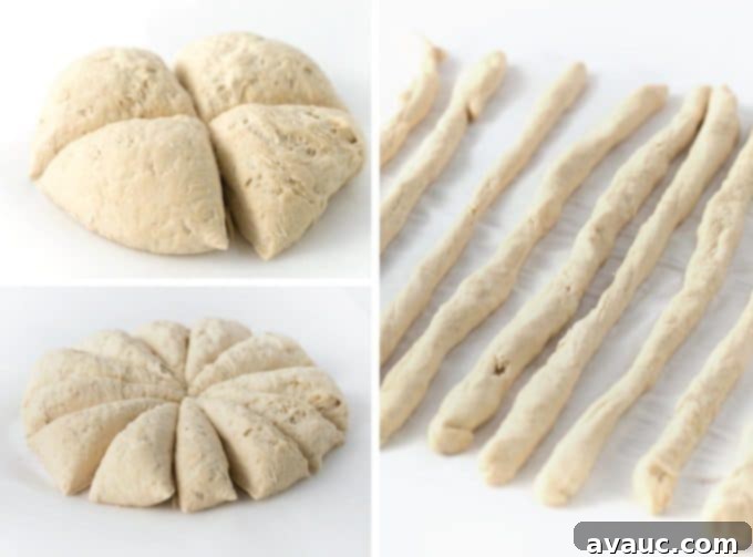 Cutting and dividing dough into sections and rolling into strips to make homemade soft pretzels