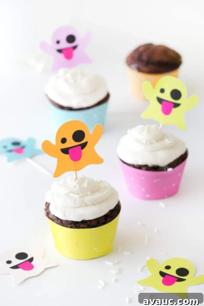 Colorful emoji ghost cupcake toppers