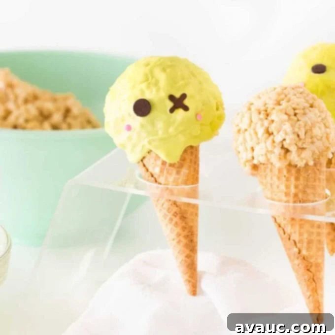 Rice krispie treats in ice cream cones decorated like zombie