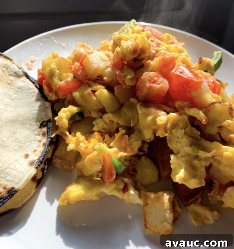 Hearty Potato and Egg Scramble 6 A serving of Papas con Huevo (Potato and Egg Scramble) with fresh tomatoes, jalapeños, and a warm tortilla, ready to be enjoyed.