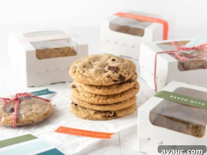 Panera's Famous Chocolate Chip Cookies at Home 5 Stack of Copycat Panera Chocolate Chip Cookies with Gift Boxes and Tags, highlighting gifting potential