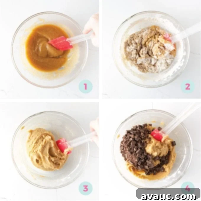 Panera's Famous Chocolate Chip Cookies at Home 8 Process of mixing ingredients for Panera chocolate chip cookies in a bowl