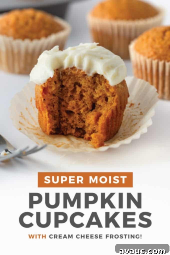 Deliciously moist pumpkin cupcakes with cream cheese frosting, ready for Fall or Thanksgiving.