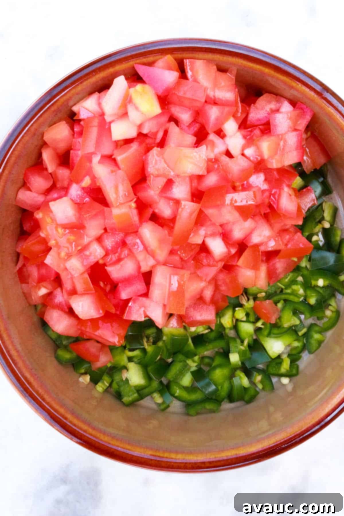 Vibrant Fresh Pico de Gallo 5 diced tomato and jalapeño in a bowl
