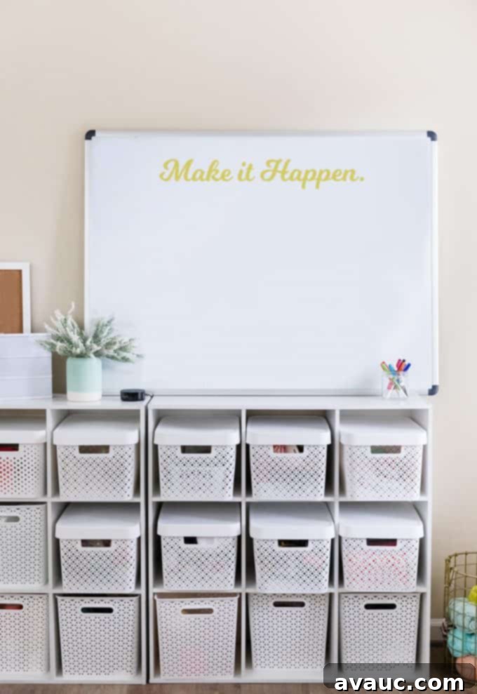 White storage cubes with white woven plastic storage bins filled with craft supplies.