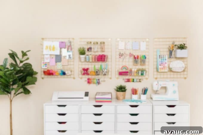 White craft storage drawers filled with colorful craft supplies, enhancing organization.