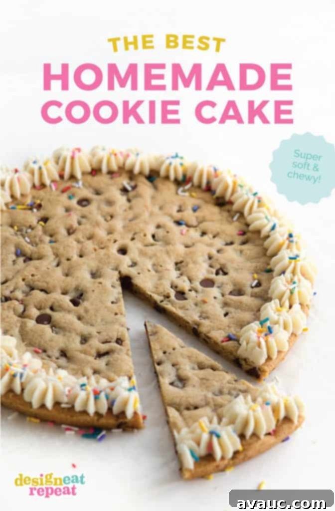 Deliciously moist and chewy chocolate chip cookie cake with sprinkles, ready for a celebration