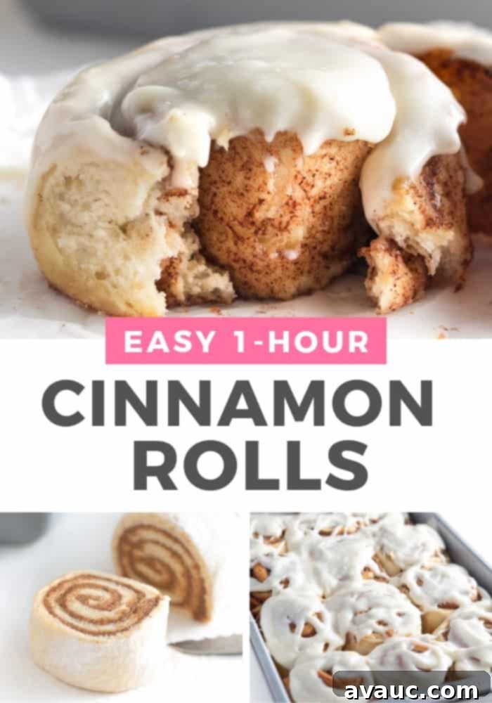 easy 1 hour cinnamon rolls with cream cheese frosting, warm and soft
