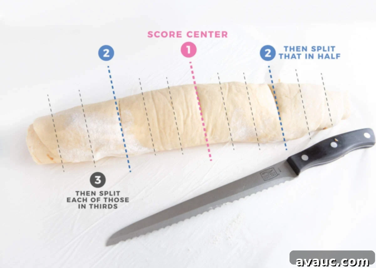 Diagram for cutting cinnamon roll dough into 12 even pieces using a serrated edge knife