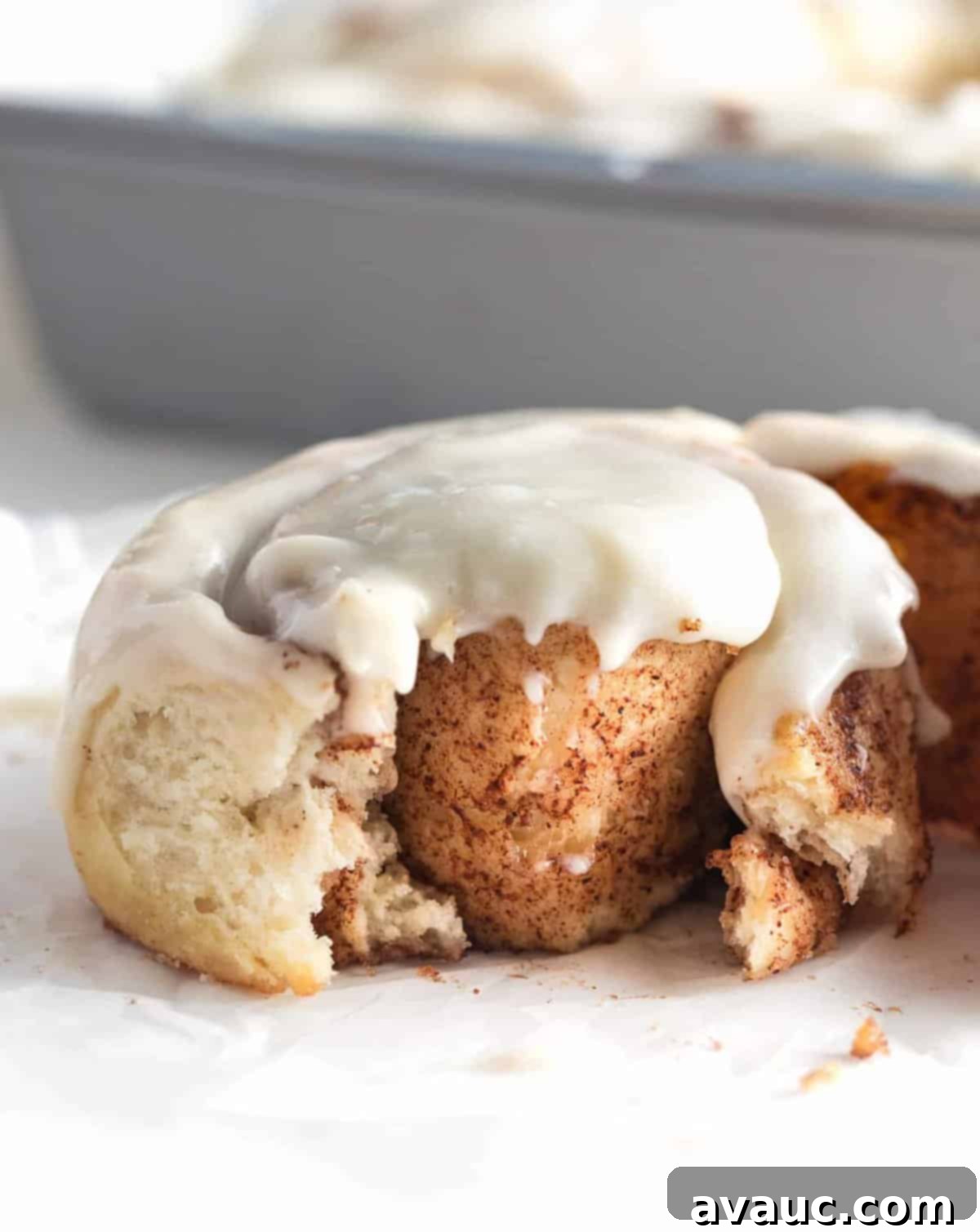 inside texture of moist and soft easy one hour cinnamon rolls, showing fluffy layers