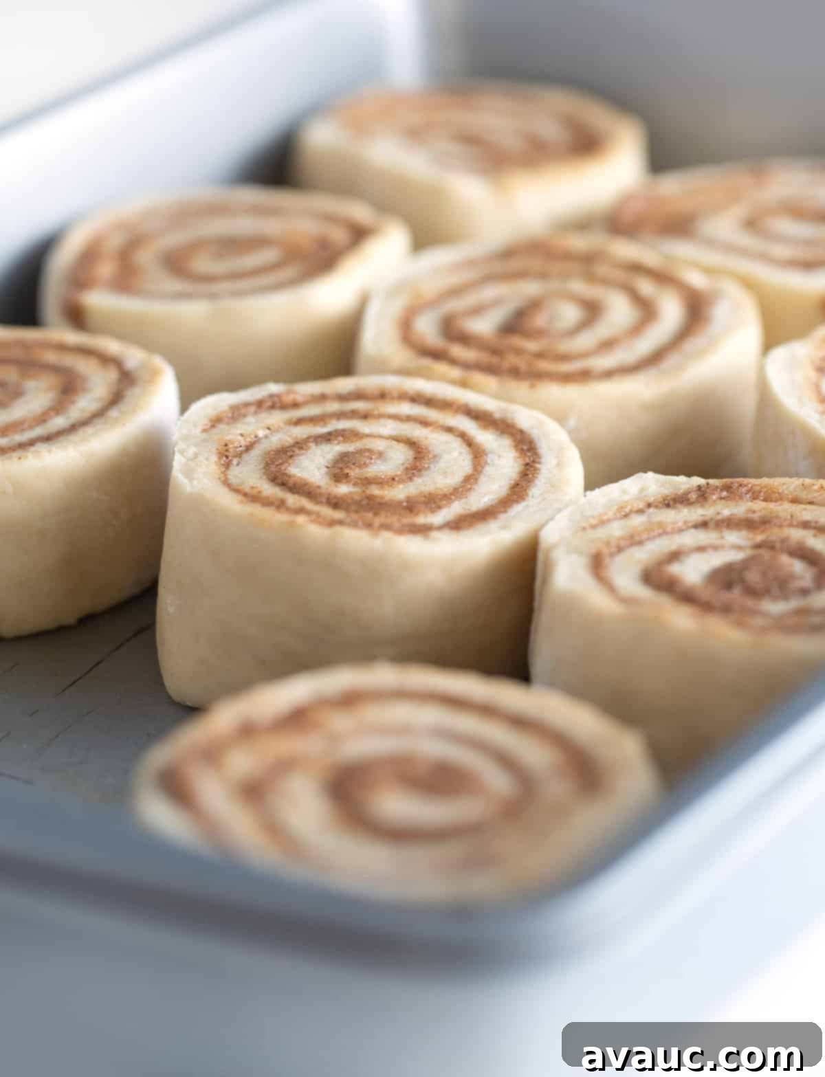 9x13 metal pan of unbaked cinnamon roll dough, ready for the oven
