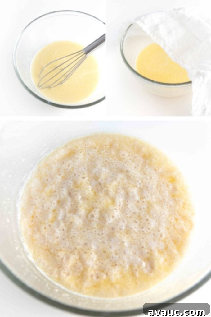 Yeast and milk mixture foaming, indicating active yeast