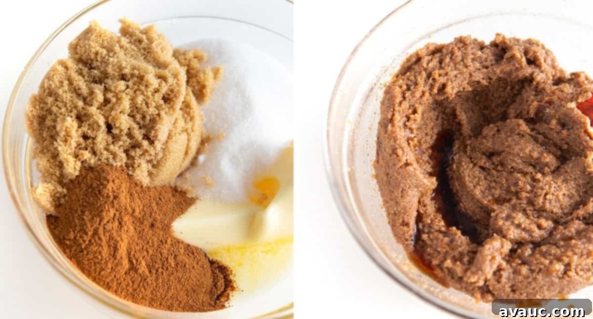 Mixing cinnamon roll filling in bowl, with brown sugar, white sugar, butter, and cinnamon visible