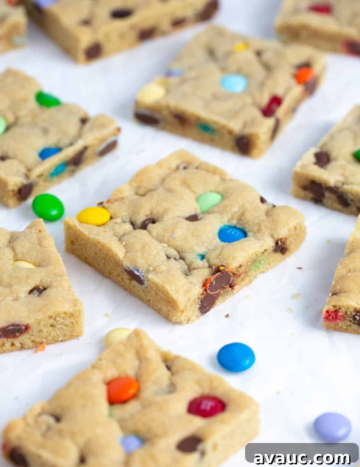 Colorful Chewy M and M Cookie Bars 4 Overhead shot of freshly baked M&M cookie bars, still warm in the 9x13 pan, ready to be cut and enjoyed.