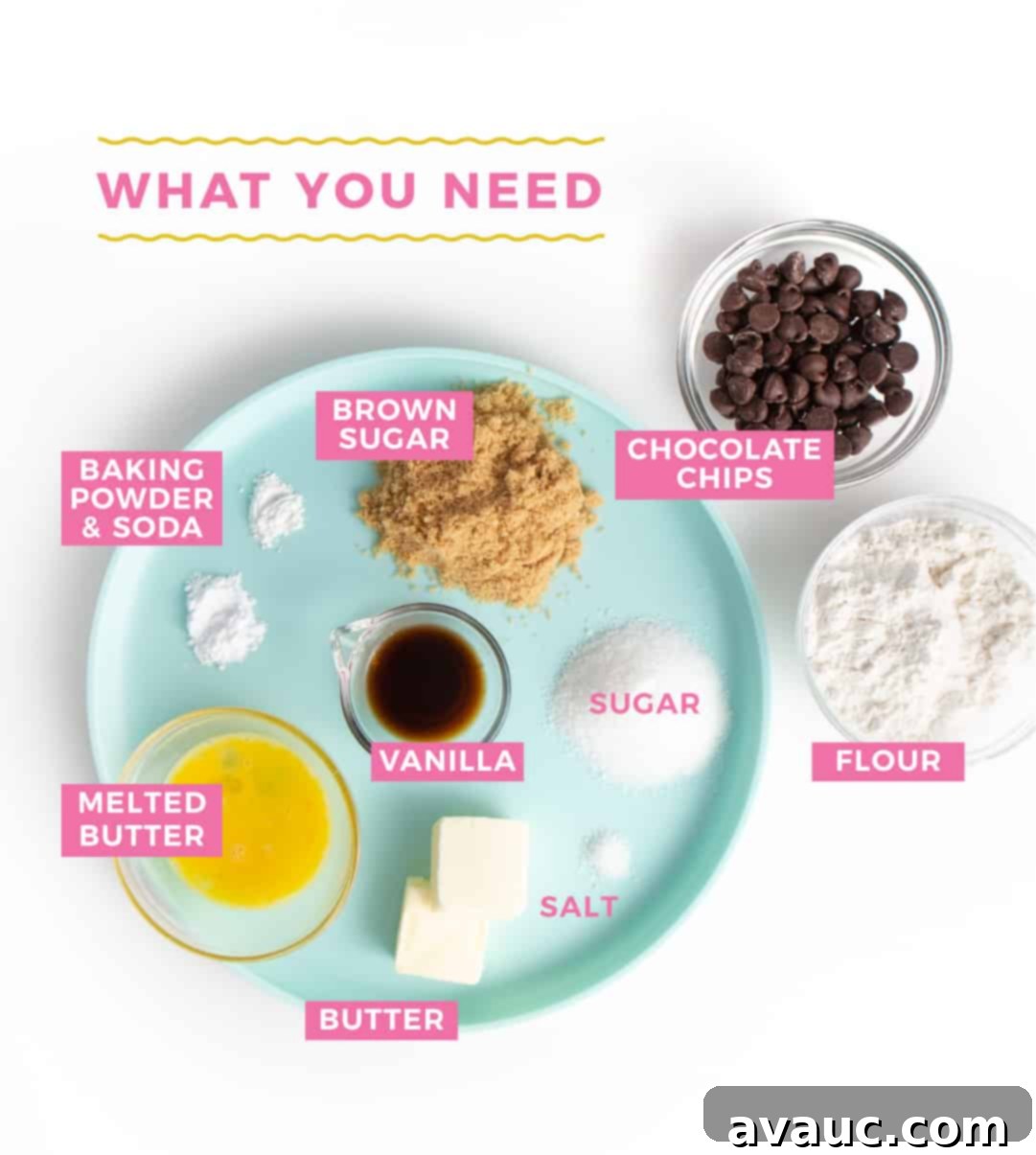 Plate and bowls of ingredients for Chocolate Chip Cookies for Two