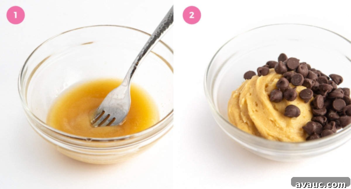 Mixing Chocolate Chip Cookies for Two in Small Glass Bowls