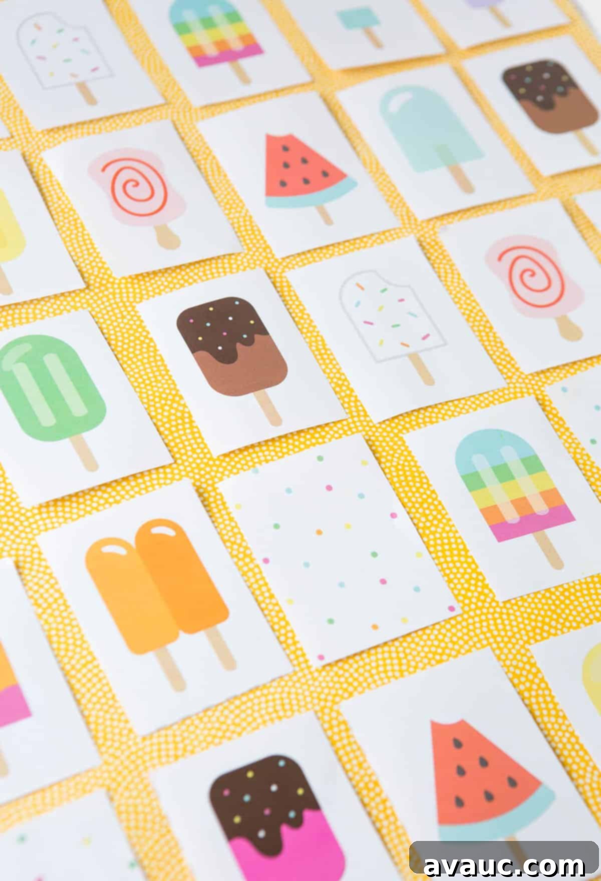 Ice Pop Memory Fun 3 A grid of brightly colored popsicle memory game cards laid out for play.