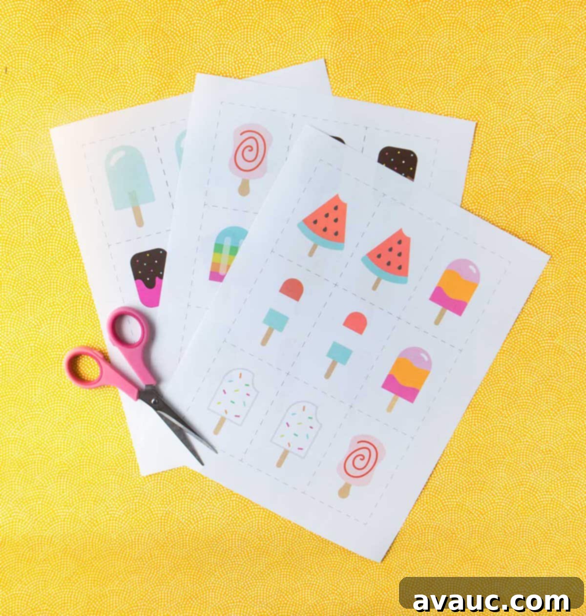 Ice Pop Memory Fun 4 Printed sheets of paper with printable memory cards alongside scissors, ready for cutting.