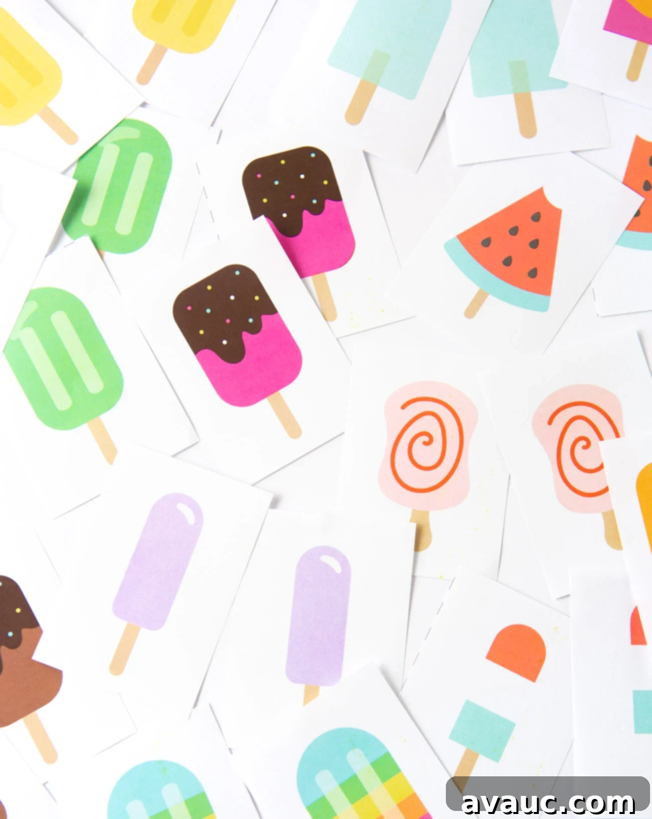 Ice Pop Memory Fun 8 A playful, messy arrangement of colorful popsicle printable memory cards, ready for fun.