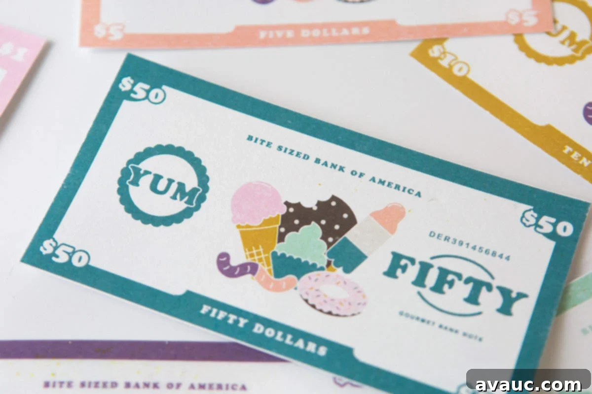 Printable Play Money: Free Fun for Kids 11 Play store with dessert themed free printable play money for kids, $1, $5, $10, $20, $50, $100 Bite Sized Bank of America