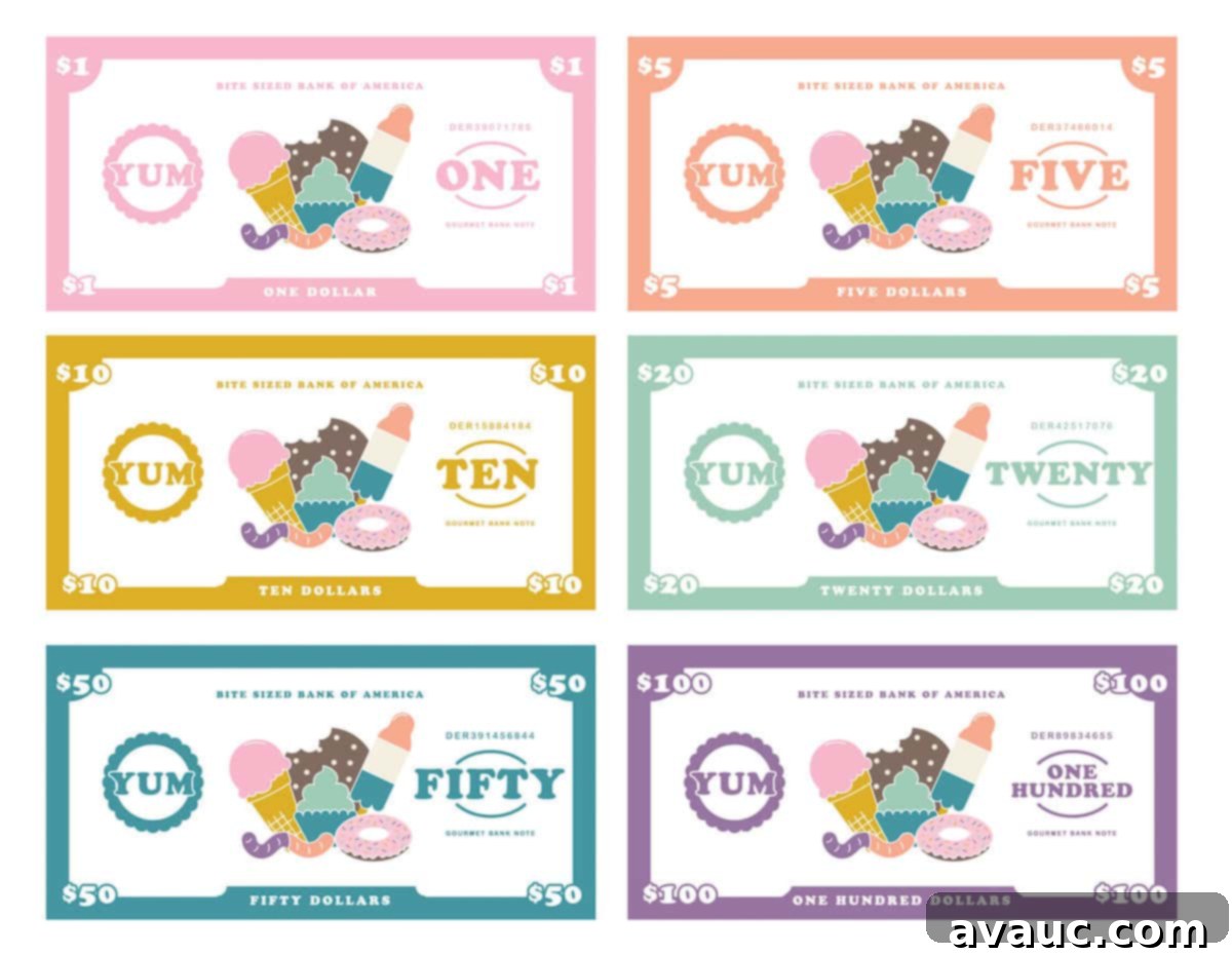 Printable Play Money: Free Fun for Kids 3 Dessert themed free printable play money for kids, $1, $5, $10, $20, $50, $100