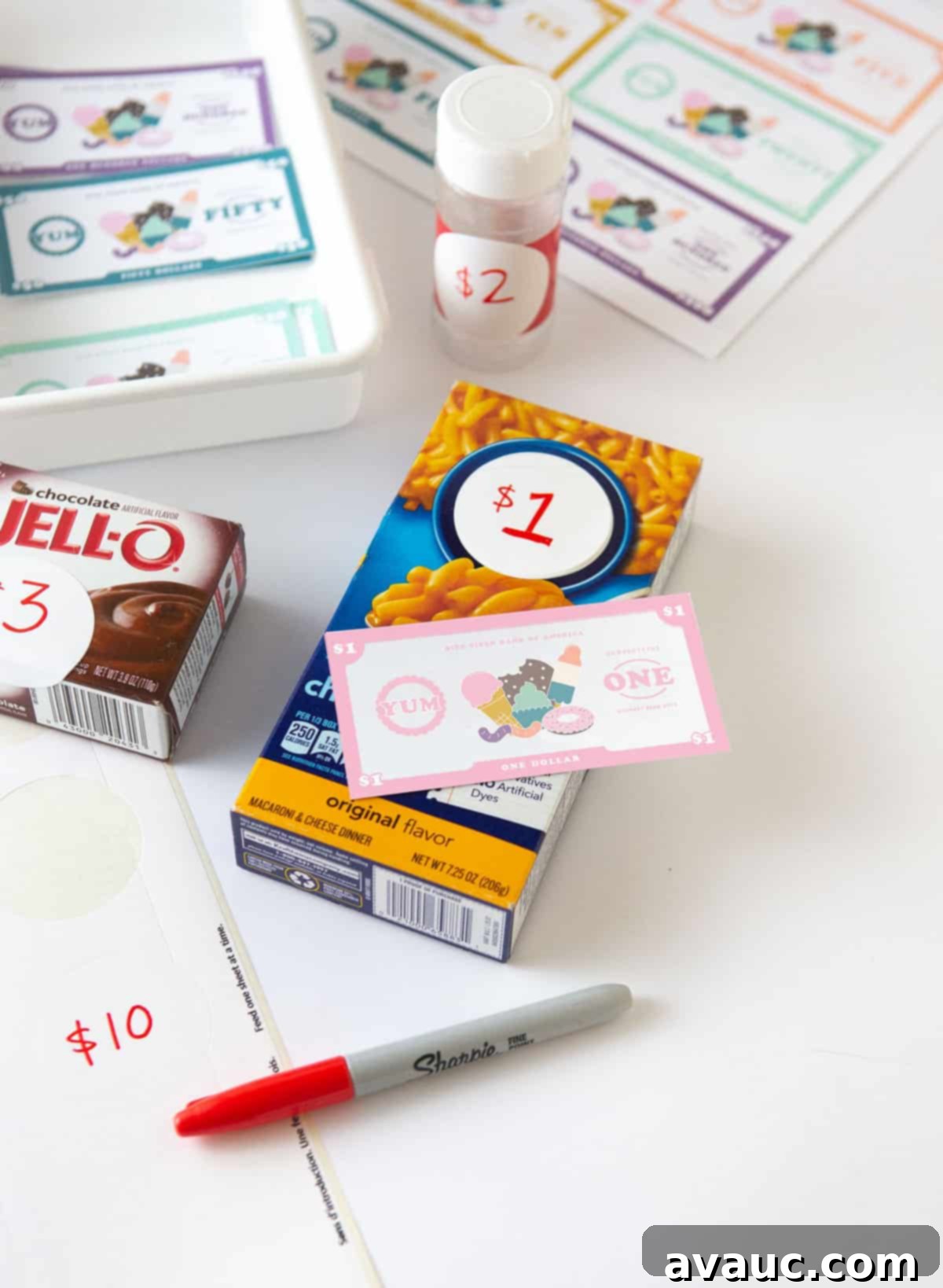 Play store with dessert themed free printable play money for kids, $1, $5, $10, $20, $50, $100