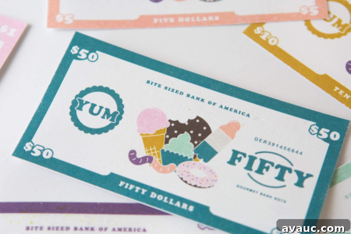 Printable Play Money: Free Fun for Kids 7 Play store with dessert themed free printable play money for kids, $1, $5, $10, $20, $50, $100
