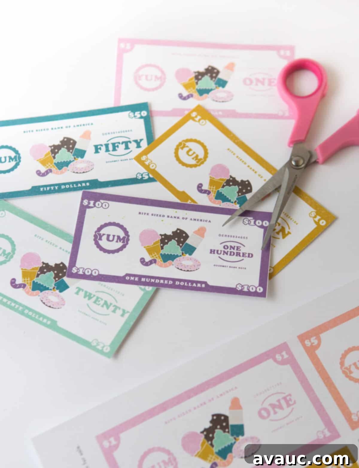 Printable Play Money: Free Fun for Kids 8 Play store with dessert themed free printable play money for kids, $1, $5, $10, $20, $50, $100