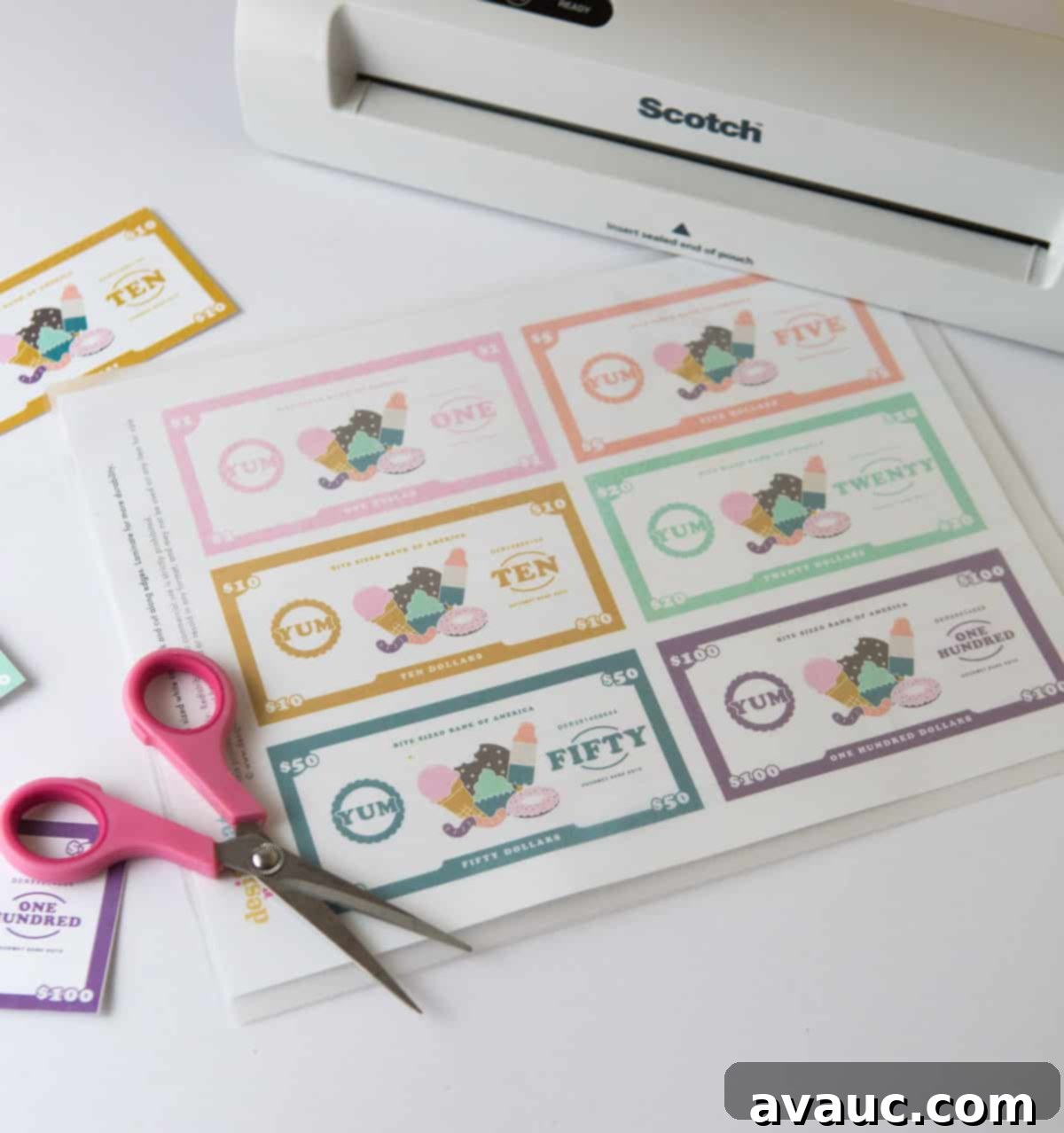 Printable Play Money: Free Fun for Kids 9 Laminate dessert themed free printable play money for kids, $1, $5, $10, $20, $50, $100