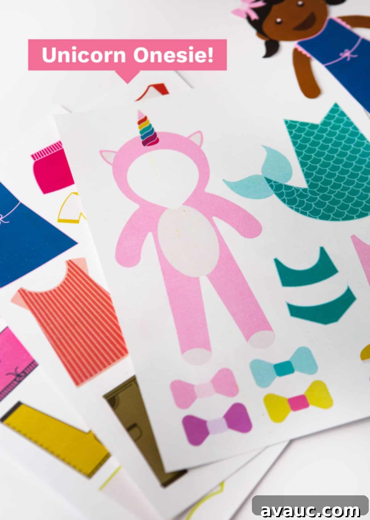 Detailed image showing all 6 paper doll characters and a variety of outfits including costumes and swimwear.
