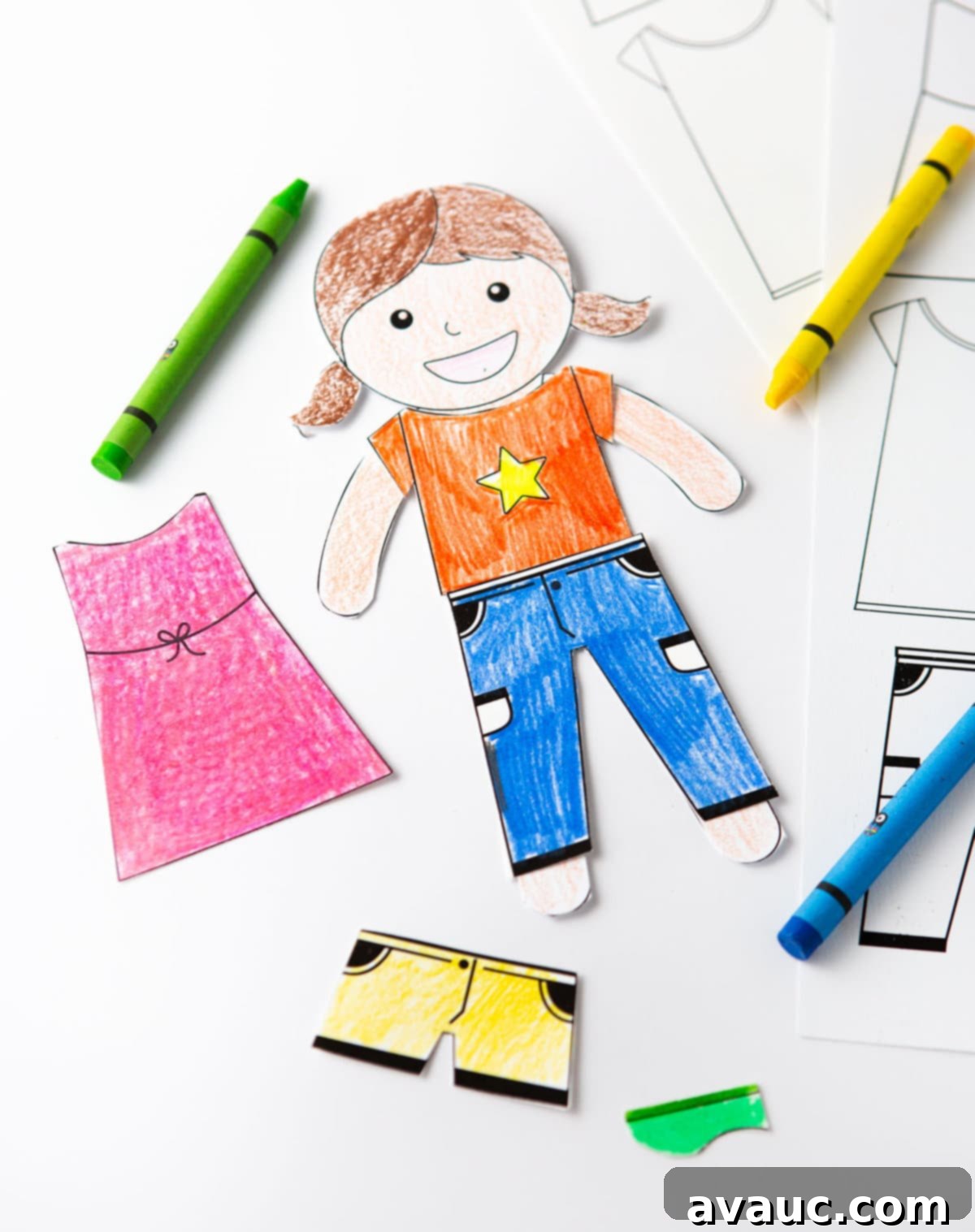 Two blank printable paper dolls and several customizable outfits ready for coloring by kids